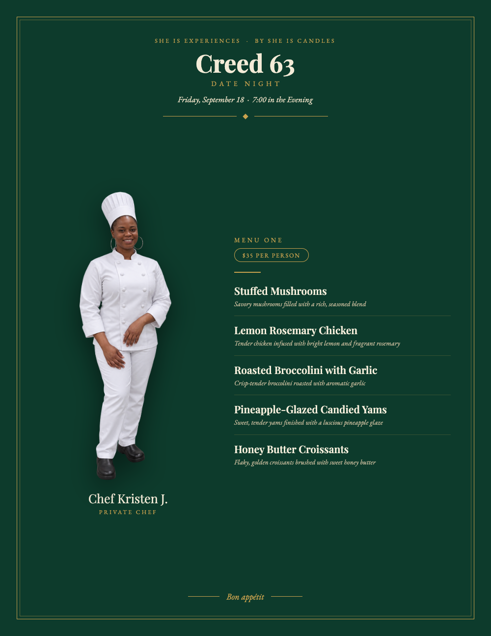 Creed 63 Date Night Menu One in emerald and gold, $35 per person
