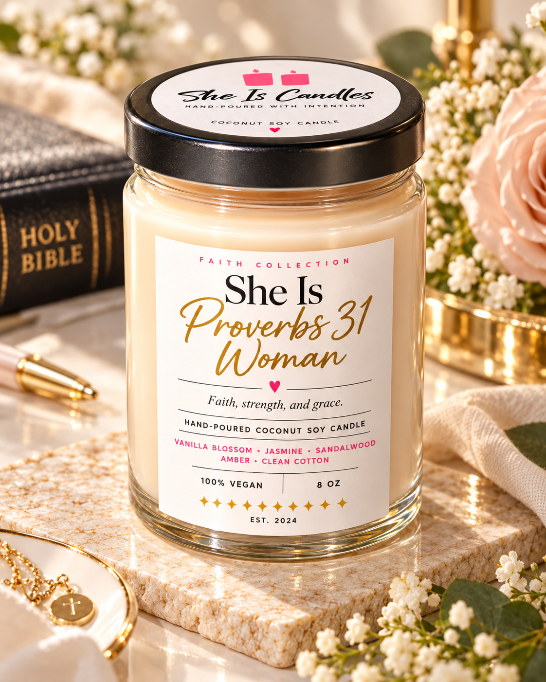 She Is Proverbs 31 Woman vegan candle from the She Is Candles Faith Collection beside a Bible and flowers