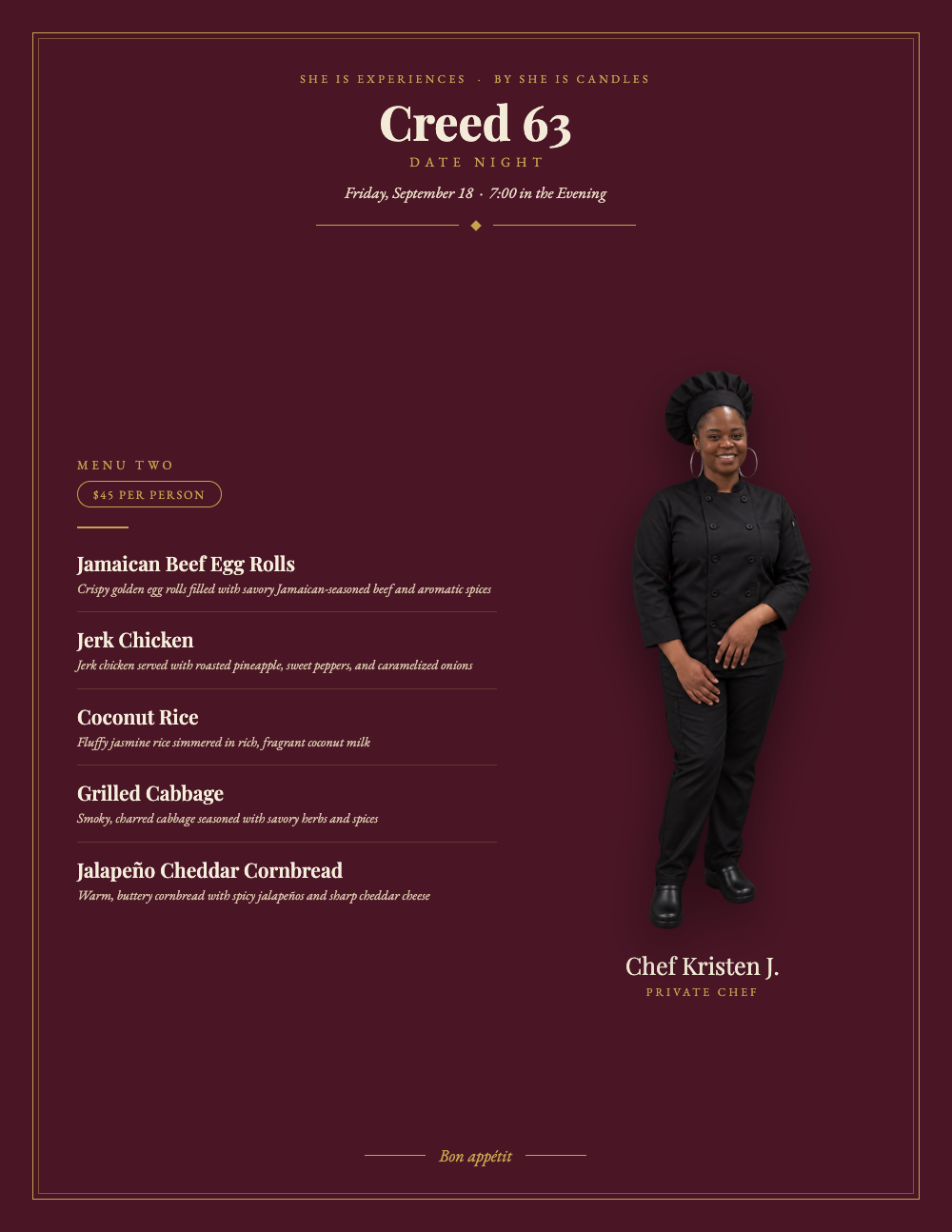 Creed 63 Date Night Menu Two in wine and gold, $45 per person