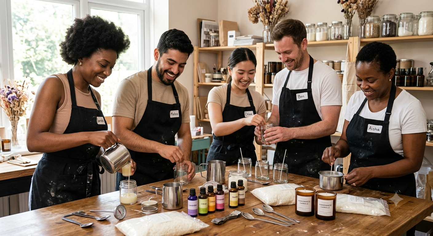 A diverse group of guests making candles together with She Is Experiences