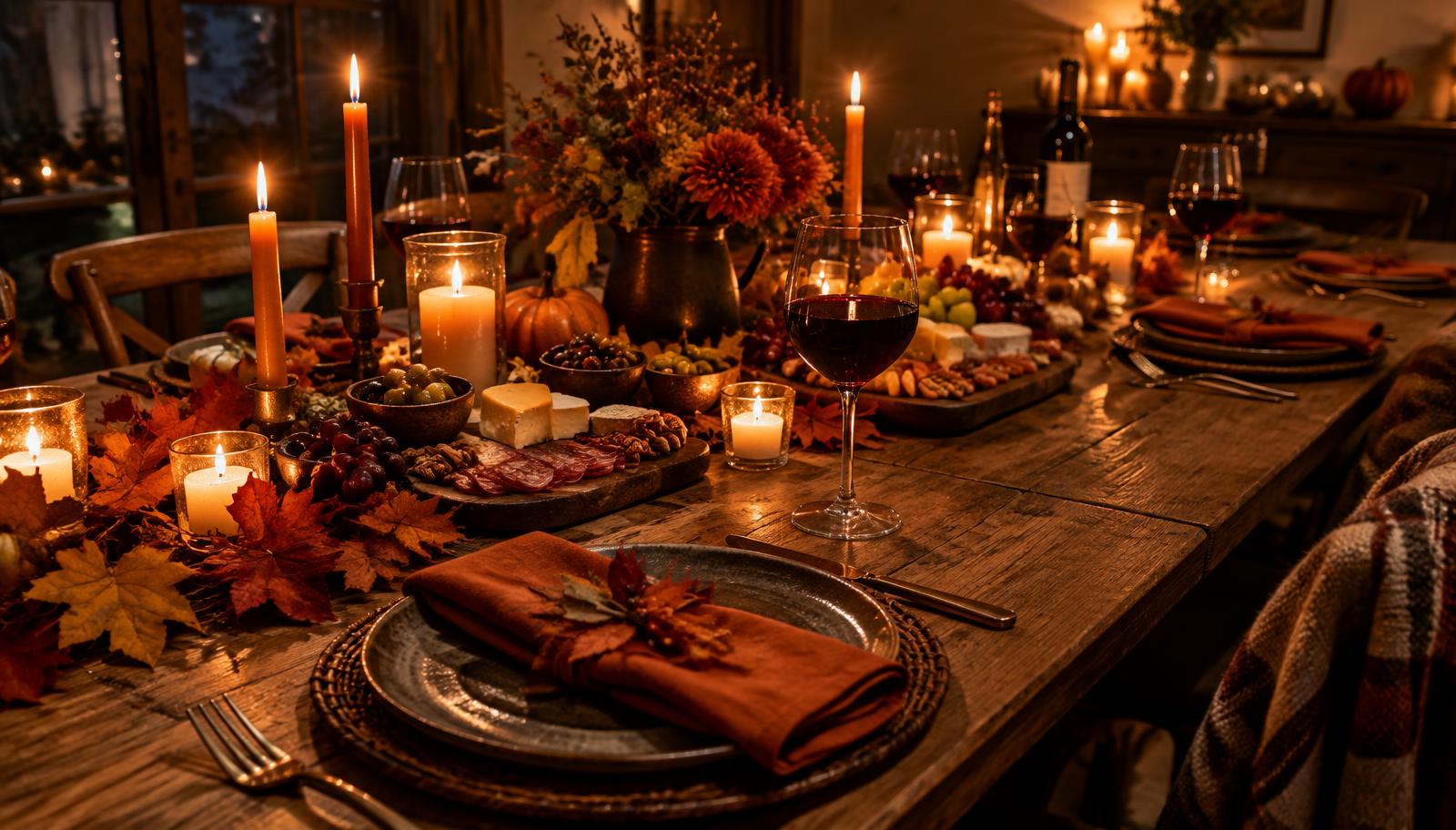 Autumn Friendsgiving table with candles, fall leaves, wine glasses and charcuterie