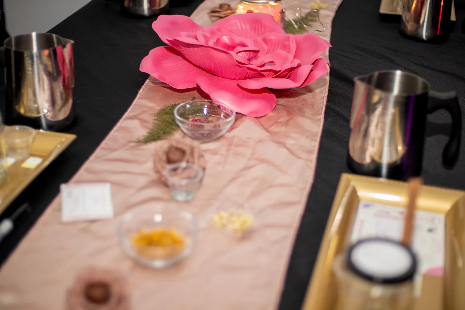 Workshop table with flower centerpiece